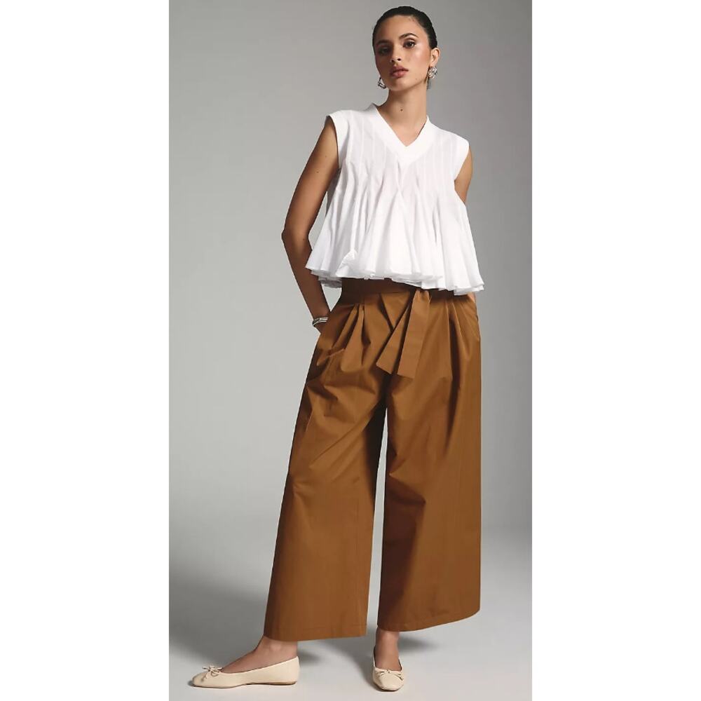 Exquise Paperbag Pants Size Small Brown Pleated Tie Front Wide Leg Trousers